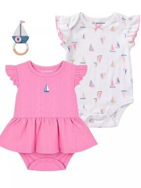 Sperry Baby Girls' Short-Sleeve Bodysuit with Rattle, 3-Piece Set